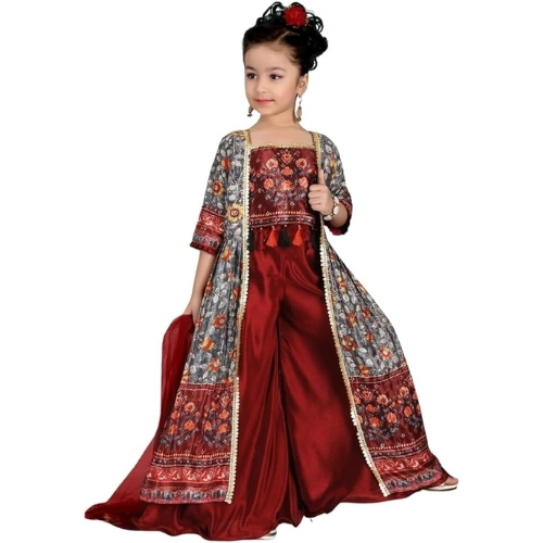 Party Wear Red Embroidered Kurta and Sharara Set for Girls