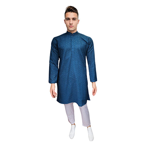Men's Teal Embroidered Kurta with White Straight Pant Set