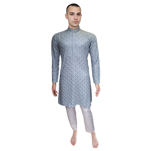 Light Grey Mandarin Collar Kurta Set with Floral Embroidery