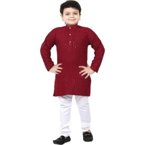 Maroon Color Cotton Floral Kurta Pyjama Set for Boys