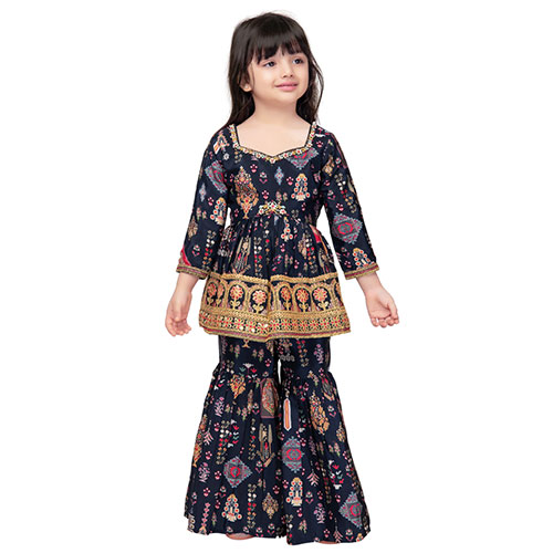 Navy Blue Printed Silk Sharara Set with Embroidery for Girls