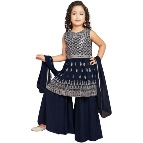 Party Wear Embroidered kurta and sharara plazzo Set with Dupatta for Girls, Blue, Sleeveless Round Neck