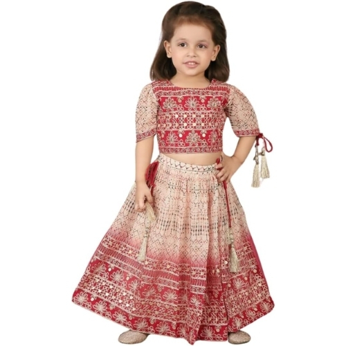 Red Embroidered georgette Lehenga Choli Set for Kids Girls