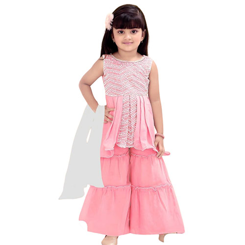 Pink Georgette Sharara Set with Embroidery, Sequins and Dupatta for Kids