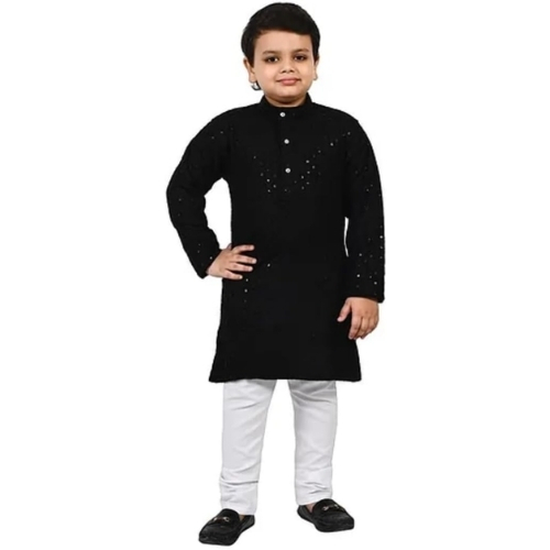 Black Color Cotton Floral Kurta Pajama Set for Boys