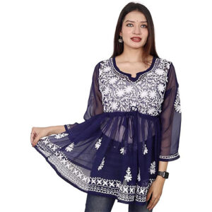 Georgette Chikankari Embroidered Tunic Top For Womens
