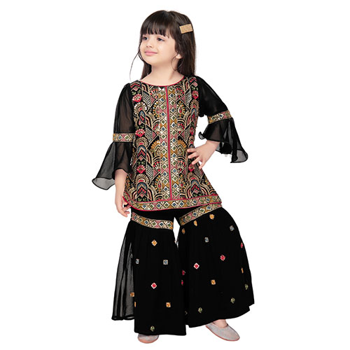 Black Georgette Sharara Set with Embroidery & Matching Dupatta
