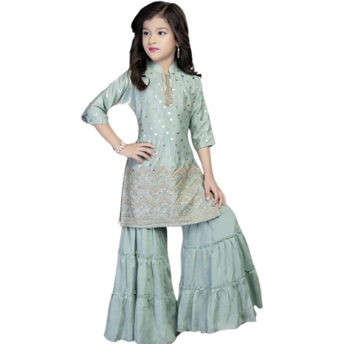 Sea Green Embroidered Sharara Set for Girls