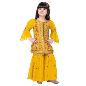 Yellow Georgette Sharara Set with Embroidery and Dupatta