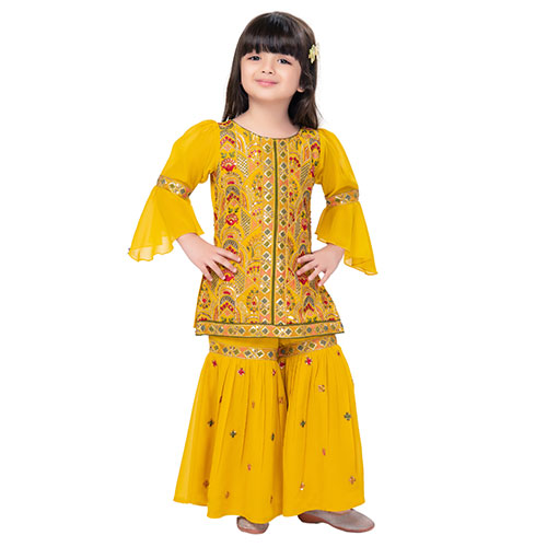 Yellow Georgette Sharara Set with Embroidery and Dupatta