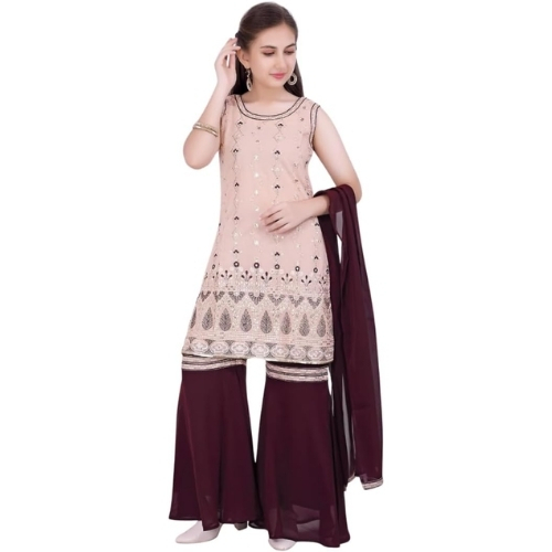 Pink and Maroon Embroidered Sharara Suit with Embroidery
