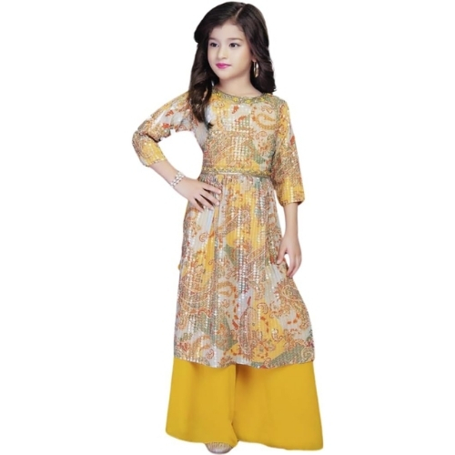 Yellow Georgette Palazzo Suit with Lace Embellishments