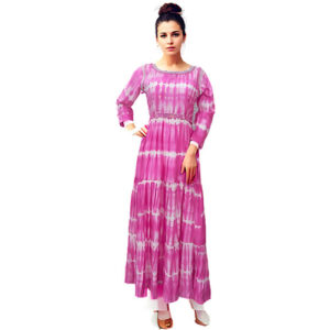 Tie Dye Print Chiffon Maxi Dress with Waist Belt for Women