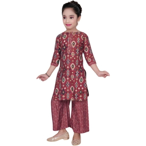 Maroon Floral Print Coords Girls Kurta Set