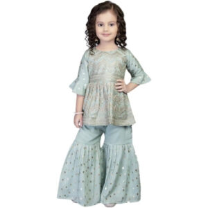 Kids Sharara Suit, Embroidered Green Patiala Set for Girls, Ethnic Sharara Dress