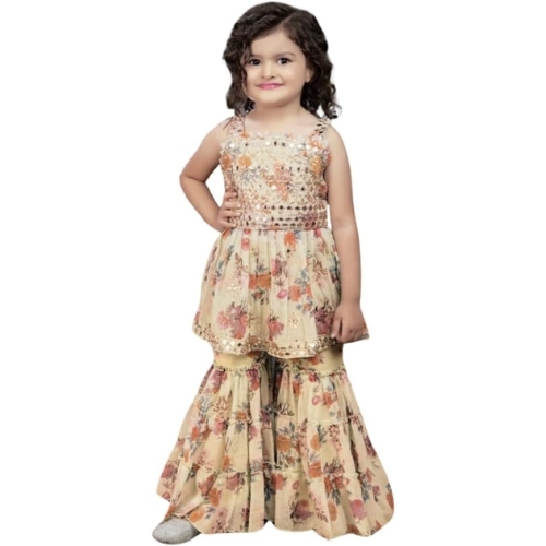 Charming Cream Embroidered Georgette Sharara Set for Girls
