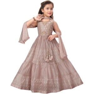 Light Brown Art Silk Anarkali Kurta Churidar Suit Set For Kids