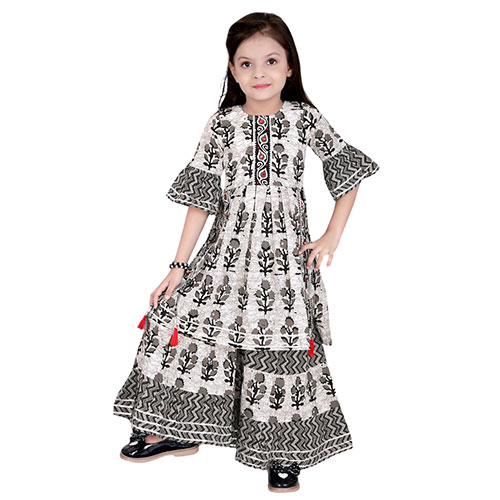 Cotton Floral Print Kurti and Palazzo Set for Girls