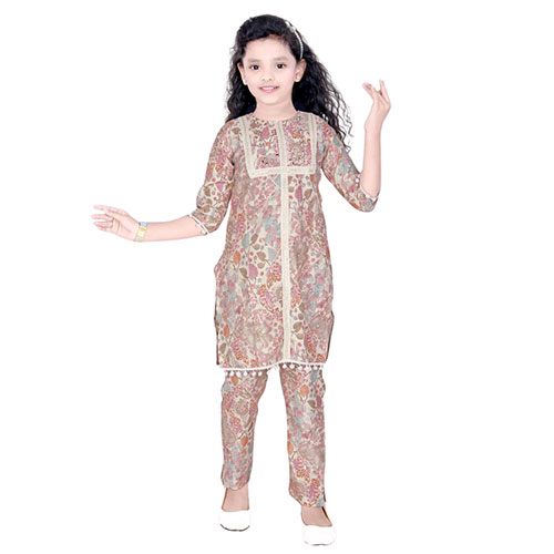 Cotton Kurti and Straight Pant Set with Floral Print Round Neck