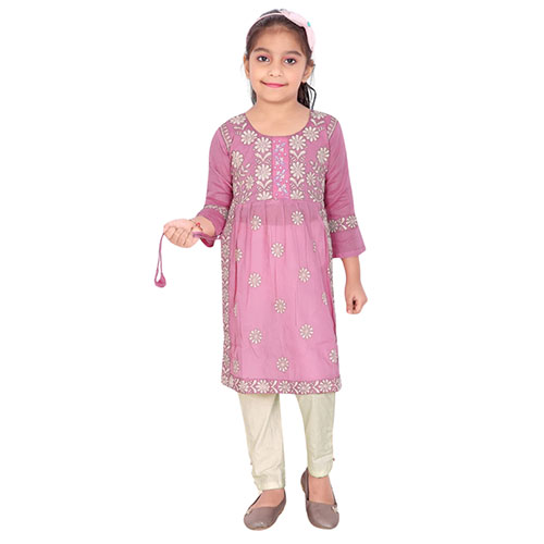 Pink Color Embroidered Floral Kurti Set And Pants For Girls