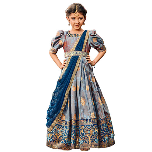 Blue Banarasi Anarkali Set Embroidered Cotton Silk Gown with Dupatta and Belt