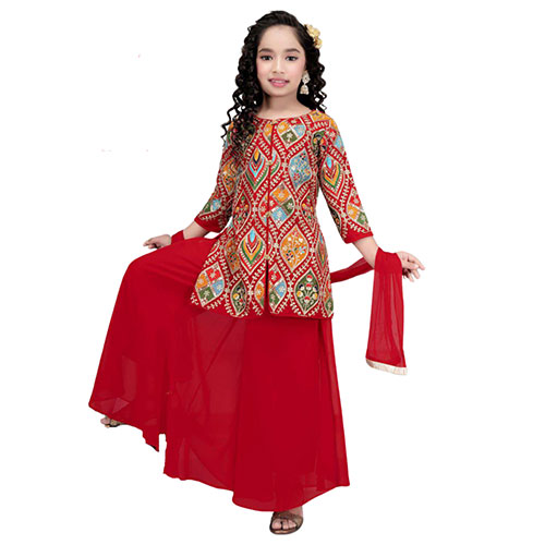 Red Georgette with Resham Embroidery Indian Plazzo Set for Girls