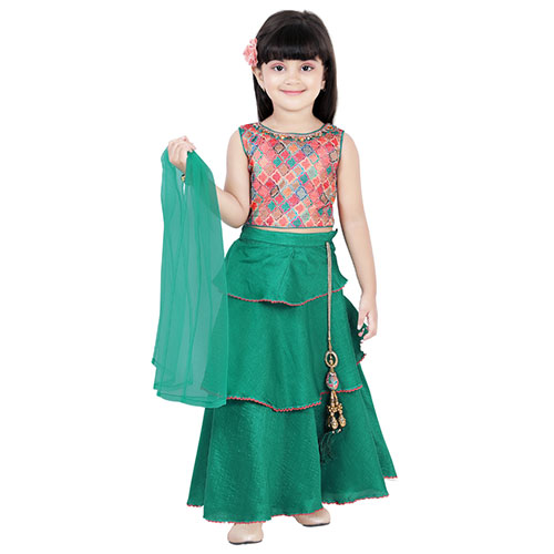 Green Lehenga Choli Set Tussar Silk Lehenga and Matching Choli and Dupatta for Girls