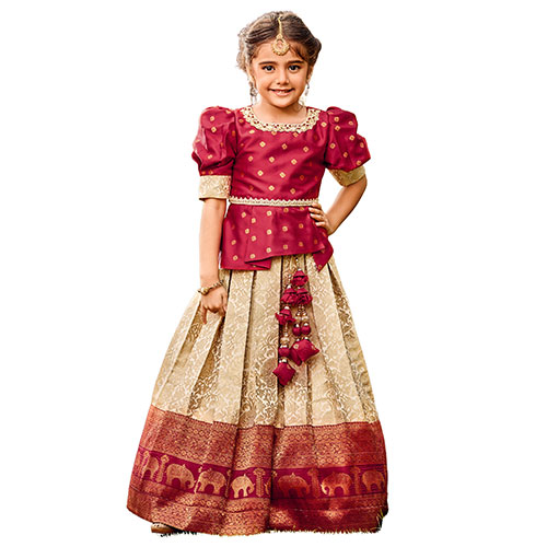 Traditional Threads Kids Cotton Silk Pavadai Set, Maroon and Cream Colors, Indian Dress for Girls