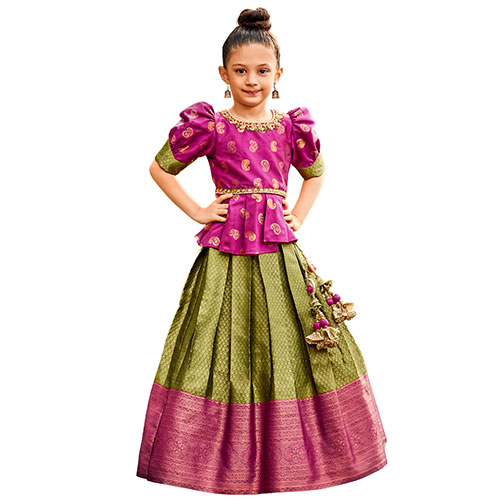 Purple and Olive Green Pattu Pavadai Set for Girls, Embroidered Pink Indian Dress with Lehenga