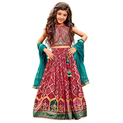 Traditional Threads Girls’ Indian Lehenga Set in Emerald Green and Red