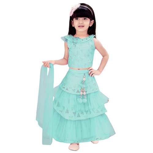 Blue Net Lehenga Set Embroidered Choli & Dupatta For Girls