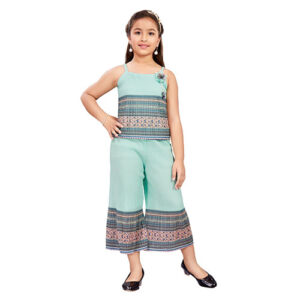 Kids Girls Palazzo and Top Set, Casual Wear, Georgette Fabric, Printed, Square Neck Top, Green