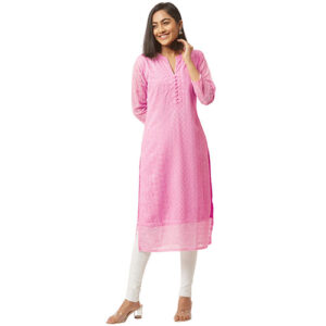 Paisley Embroidered Georgette Kurta for Women, Light Pink, Lucknowi Chikankari Style